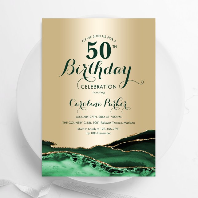 Emerald Green Gold Agate Marble 50th Birthday Invitation (Creator Uploaded)