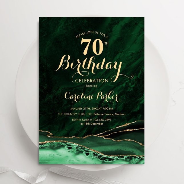 Emerald Green Gold Agate Marble 70th Birthday Invitation (Creator Uploaded)