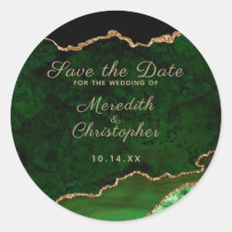Emerald Green Gold Agate Marble Save the Date Classic Round Sticker