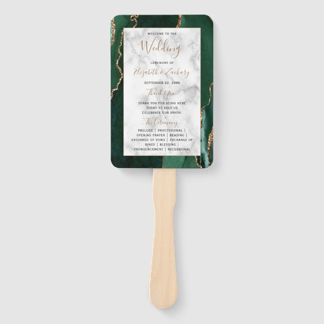 Emerald Green Gold Agate Marble Wedding Program Hand Fan (Front)
