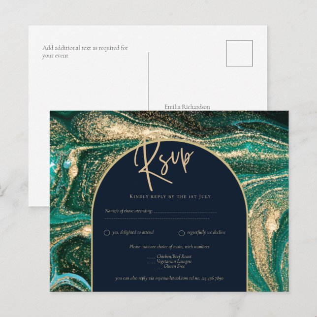 Emerald Green Gold Agate Marble Wedding RSVP Postcard (Front/Back)
