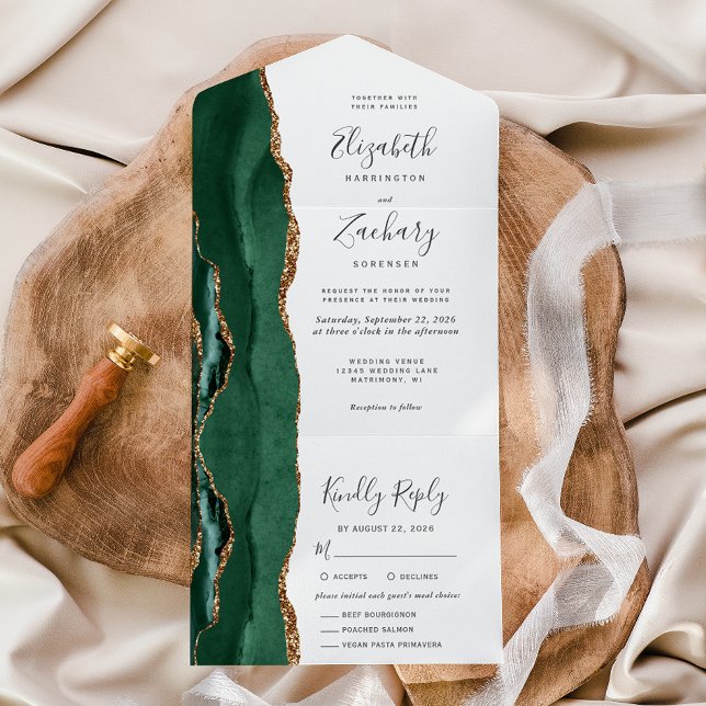 Emerald Green Gold Agate Meal Options Wedding All In One Invitation (Creator Uploaded)