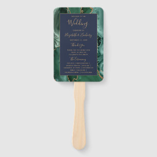 Emerald Green Gold Agate Navy Blue Wedding Program Hand Fan