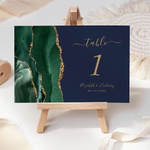 Emerald Green Gold Agate Navy Blue Wedding Table Number