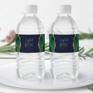 Emerald Green Gold Agate Navy Blue Wedding Water Bottle Label