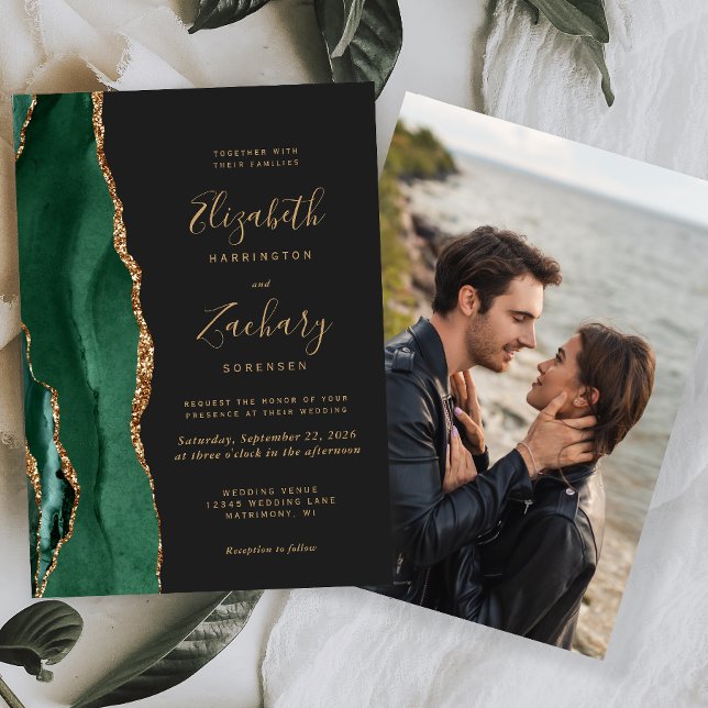 Emerald Green Gold Agate Photo Dark Wedding Invitation (Creator Uploaded)