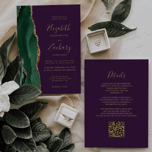Emerald Green Gold Agate Purple QR Code Wedding Invitation
