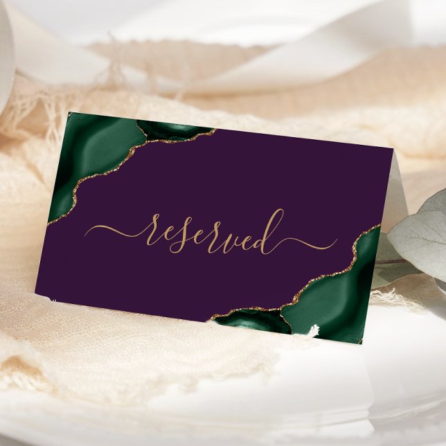 Emerald Green Gold Agate Purple Reserved Wedding Place Card (Creator Uploaded)