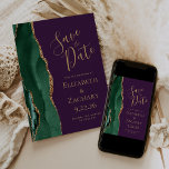 Emerald Green Gold Agate Purple Save the Date<br><div class="desc">The left-hand edge of this elegant modern wedding save the date card features an emerald green watercolor agate border trimmed with faux gold glitter. The customisable text combines gold-coloured handwriting, copperplate and italic fonts on a deep purple background. The reverse side features a matching emerald green and gold agate design....</div>