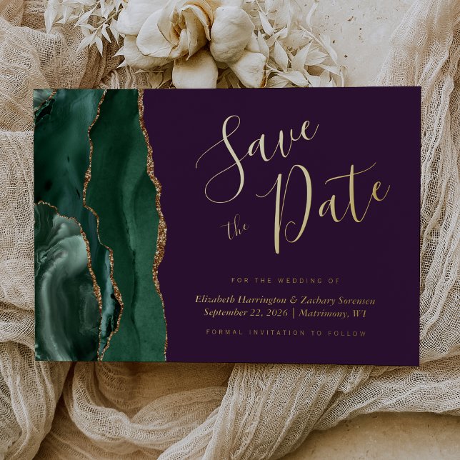 Emerald Green Gold Agate Purple Save the Date (Creator Uploaded)