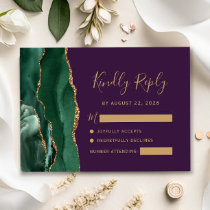 Emerald Green Gold Agate Purple Wedding RSVP Card