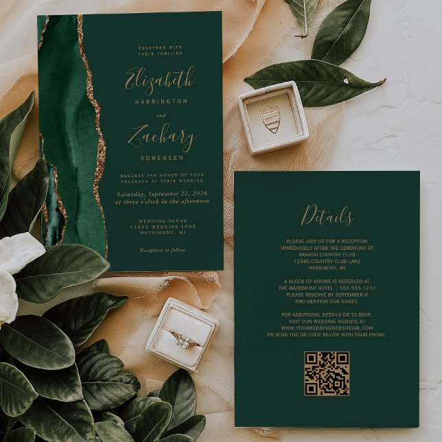 Emerald Green Gold Agate QR Code Wedding Invitation (Creator Uploaded)