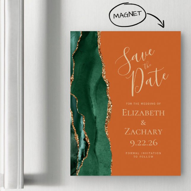 Emerald Green Gold Agate Rust Magnet Save the Date (Creator Uploaded)
