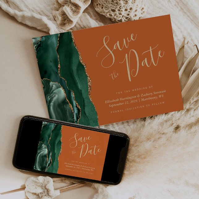 Emerald Green Gold Agate Rust Save the Date Card (Creator Uploaded)