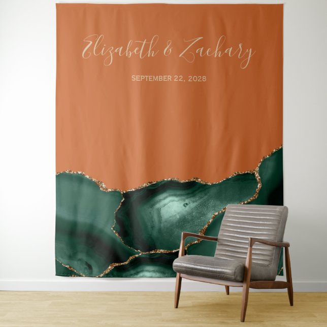 Emerald Green Gold Agate Rust Wedding Photo Booth Tapestry (In Situ)