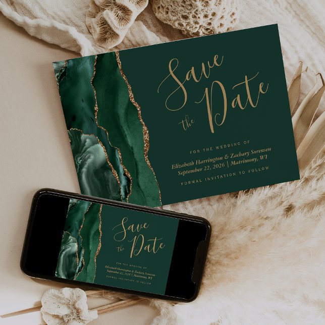 Emerald Green Gold Agate Save the Date Card (Creator Uploaded)