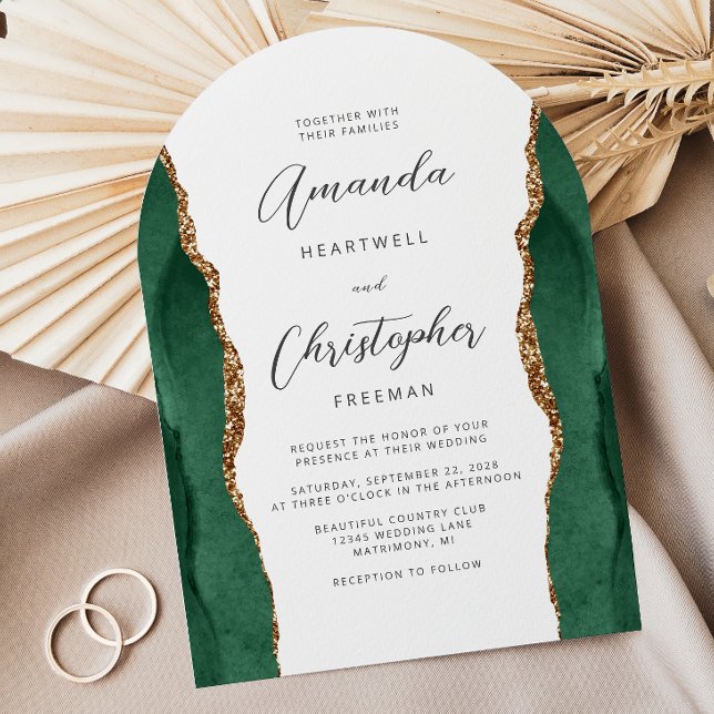 Emerald Green Gold Agate Script Arch Wedding Invitation (Creator Uploaded)