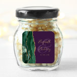 Emerald Green Gold Agate Script Purple Wedding Square Sticker<br><div class="desc">This elegant modern wedding sticker features an emerald green watercolor agate geode design trimmed with faux gold glitter. Easily customise the gold-coloured text on a purple background,  with the names of the bride and groom in whimsical handwriting calligraphy over a large ampersand.</div>