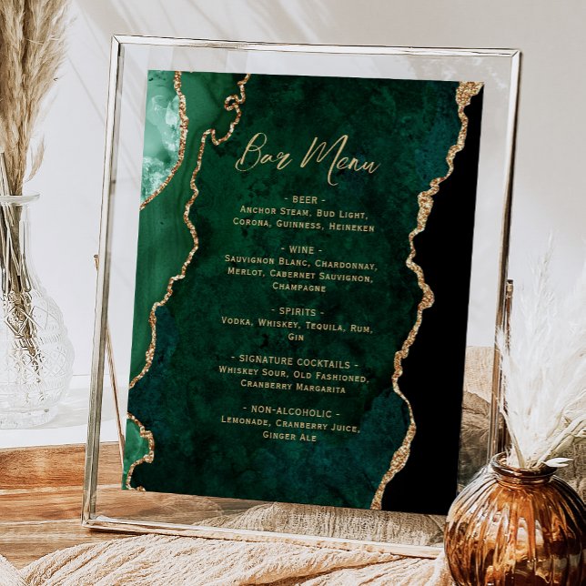 Emerald Green Gold Agate Script Wedding Bar Menu  Poster (Creator Uploaded)