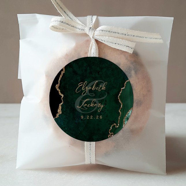 Emerald Green Gold Agate Script Wedding Classic Round Sticker (Creator Uploaded)