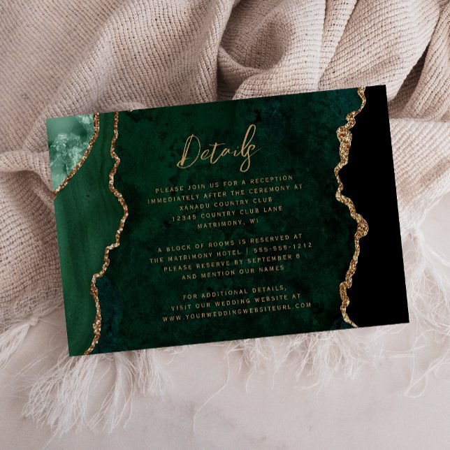 Emerald Green Gold Agate Script Wedding Details Enclosure Card (Creator Uploaded)