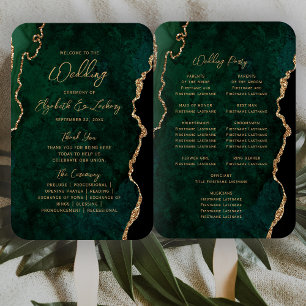 Emerald Green Gold Agate Script Wedding Program Hand Fan