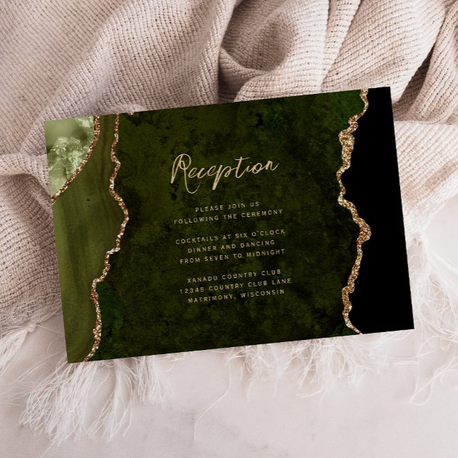 Emerald Green Gold Agate Script Wedding Reception Enclosure Card (Creator Uploaded)