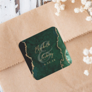 Emerald Green Gold Agate Script Wedding Square Sticker