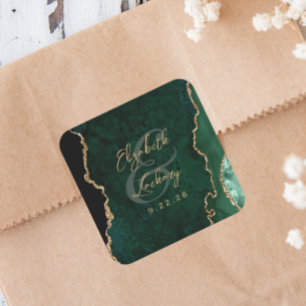 Emerald Green Gold Agate Script Wedding Square Sticker