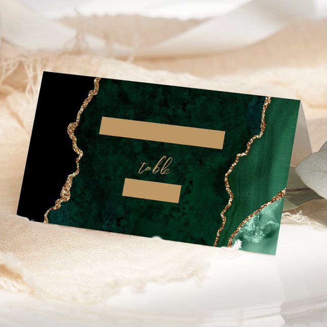 Emerald Green Gold Agate Script Wedding Table Place Card (Creator Uploaded)