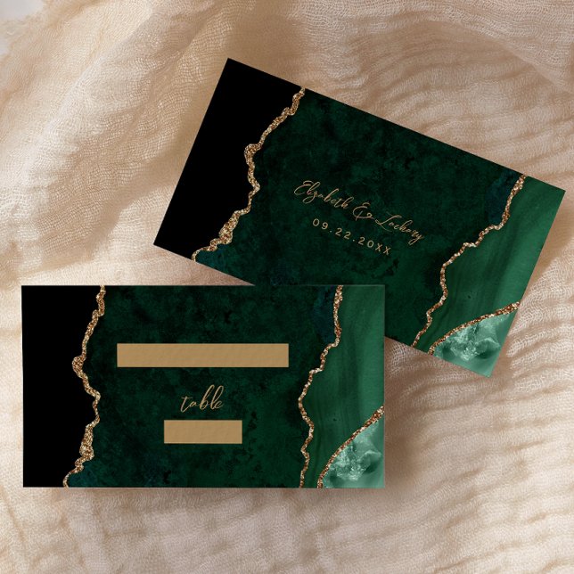 Emerald Green Gold Agate Script Wedding Table Place Card (Creator Uploaded)