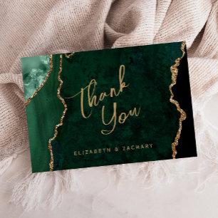 Emerald Green Gold Agate Script Wedding Thank You Card
