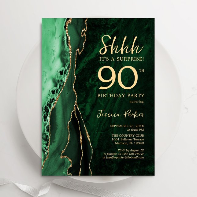 Emerald Green Gold Agate Surprise 90th Birthday Invitation (Creator Uploaded)