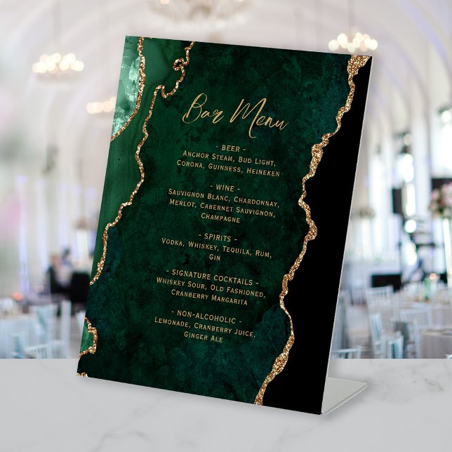 Emerald Green Gold Agate Wedding Bar Menu Pedestal Sign (Creator Uploaded)