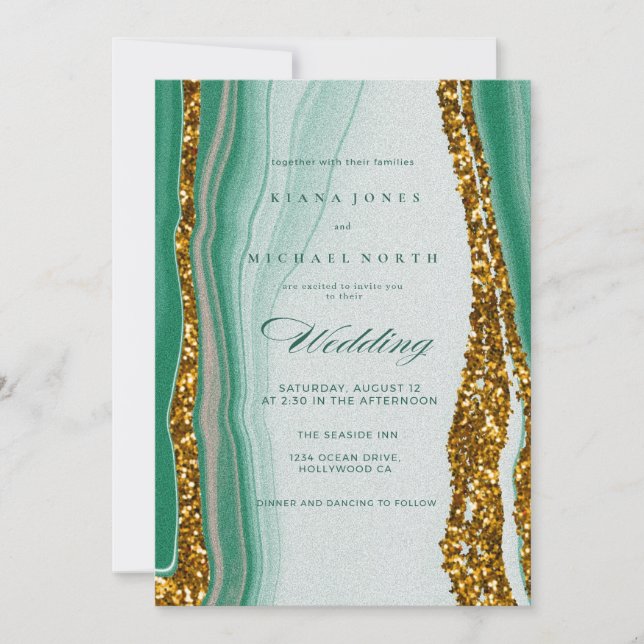 Emerald Green Gold Agate Wedding Invitation (Front)