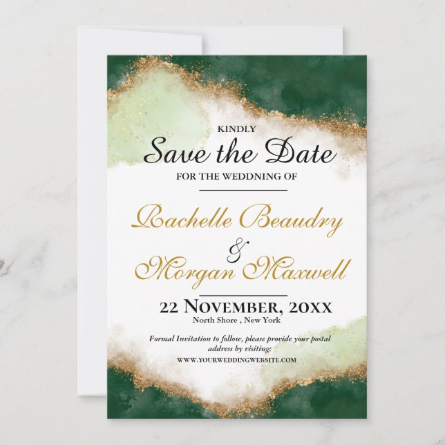 Emerald Green & Gold Agate Wedding Save the Date (Front)