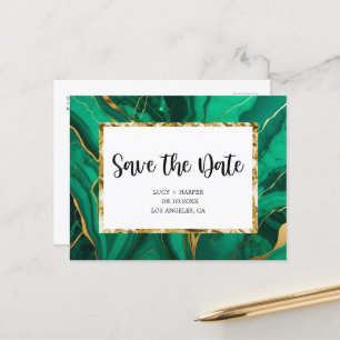 Emerald Green & Gold Agate Wedding Save the date Announcement Postcard
