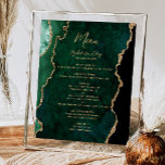 Emerald Green Gold Agate Wedding Table Menu Poster<br><div class="desc">The left-hand edge of this elegant modern wedding menu sign features an emerald green watercolor agate border trimmed with faux gold glitter. The word "Menu" appears in gold-coloured handwriting script. Personalise the remaining text with the names of the couple,  the wedding date,  and the menu details.</div>