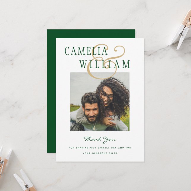 Emerald Green Gold Ampersand Wedding PHOTO Invitation (Front/Back In Situ)