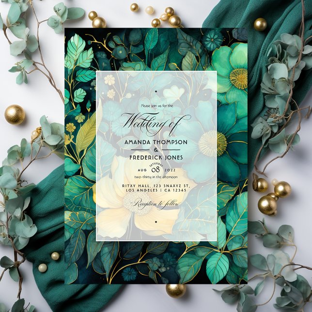 Emerald Green, Gold and Black Floral Wedding Invitation (Creator Uploaded)