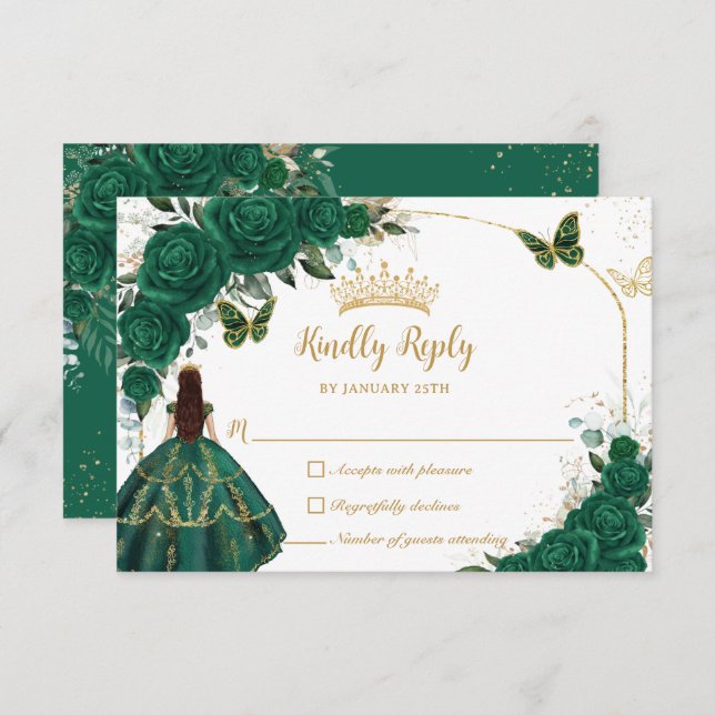 Emerald Green Gold Arch Butterflies Quinceañera RSVP Card (Front/Back)