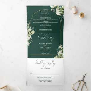 Emerald Green Gold Arch Greenery Photo Wedding Tri-Fold Invitation