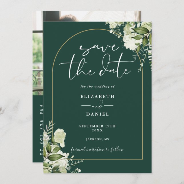Emerald Green Gold Arch Photo QR Code Wedding Save The Date (Front/Back)