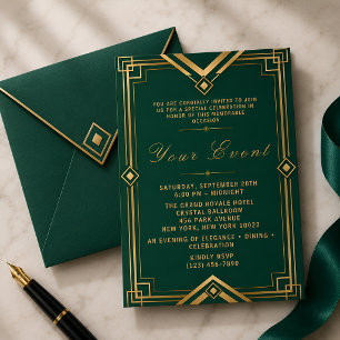 Emerald Green Gold Art Deco Luxe Gala Celebration  Invitation