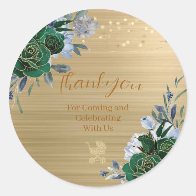 Emerald Green Gold Baby Shower Thankyou Sticker (Front)