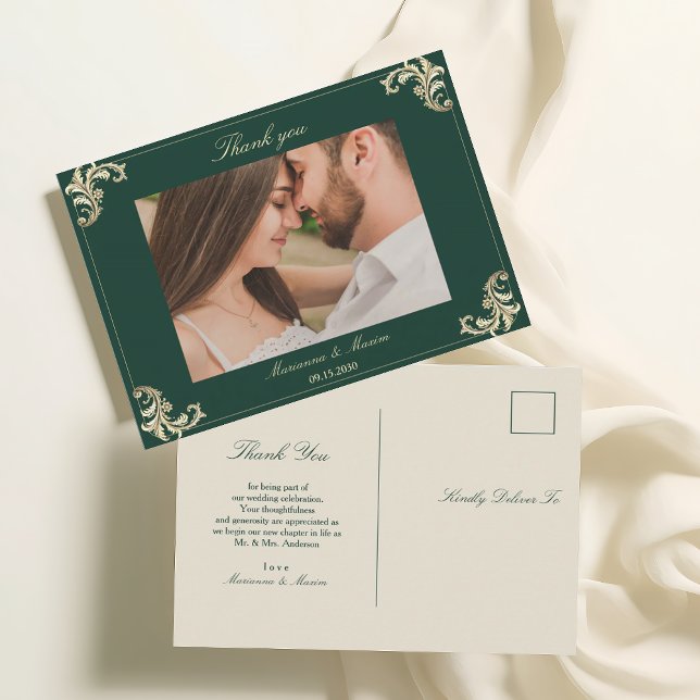 Emerald Green Gold Baroque Wedding Thank You Postcard (Creator Uploaded)