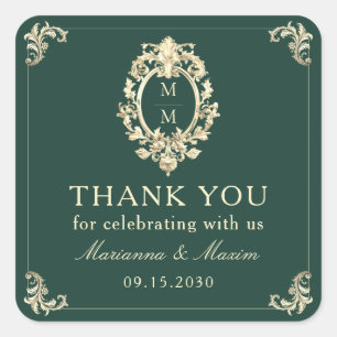 Emerald Green Gold Baroque Wedding Thank You Square Sticker