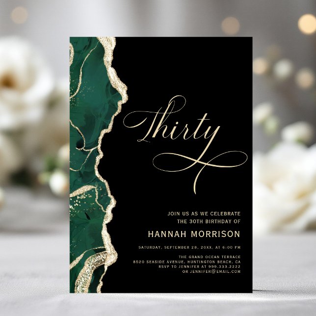 Emerald Green Gold Black Agate 30th Birthday Invitation (Creator Uploaded)