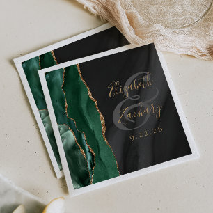 Emerald Green Gold Black Agate Script Wedding Napkin