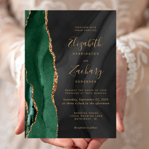 Emerald Green Gold Black Watercolor Agate Wedding Invitation